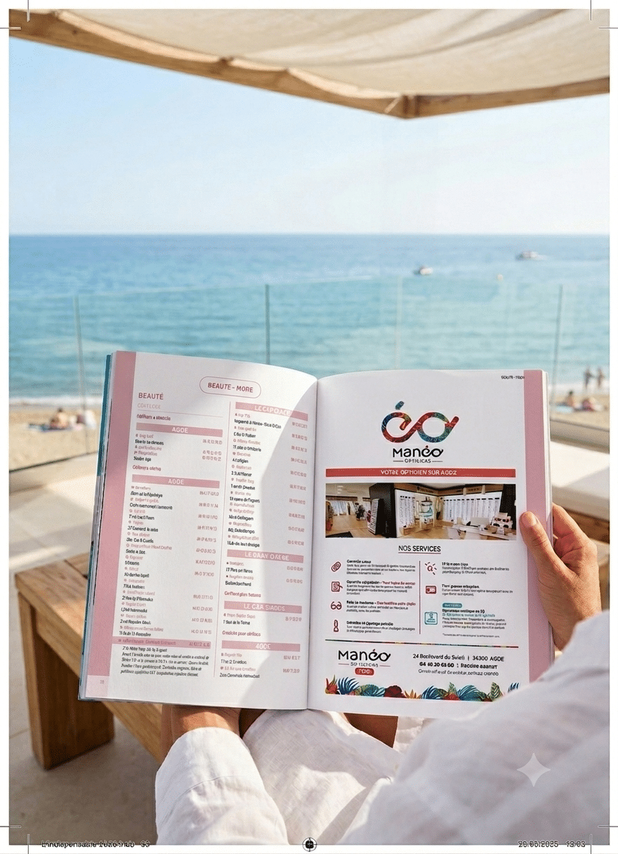 Personne feuilletant le guide L'indispensable avec la plage en arrière-plan - © Andromédias 2026